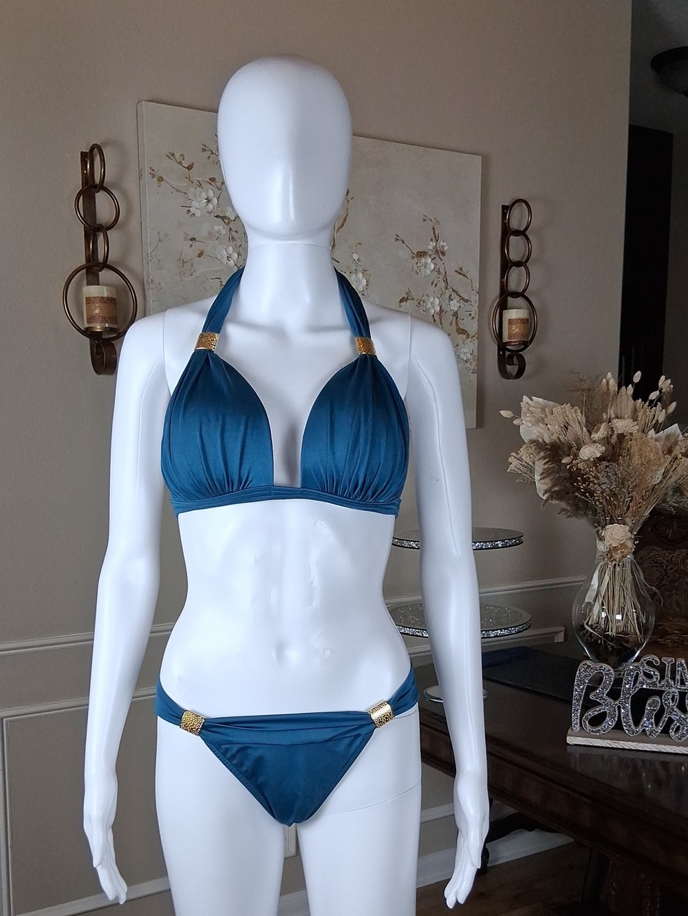 Venus Teal Blue And Gold Goddess Enhancer PushUp Bikini Set Top DD- Bottom Small - Picture 16 of 16
